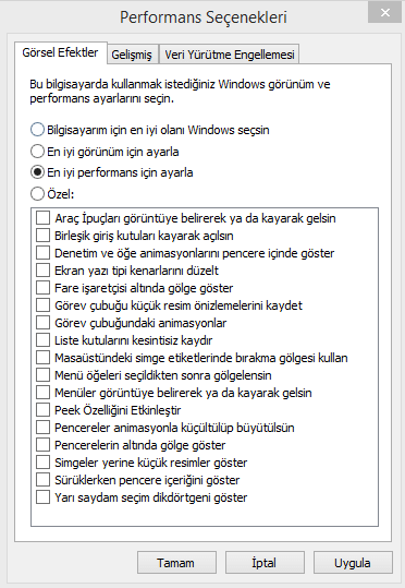 Windows performans seçenekleri