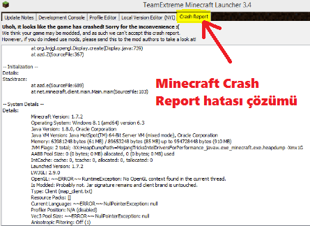 minecraft crash report hatası